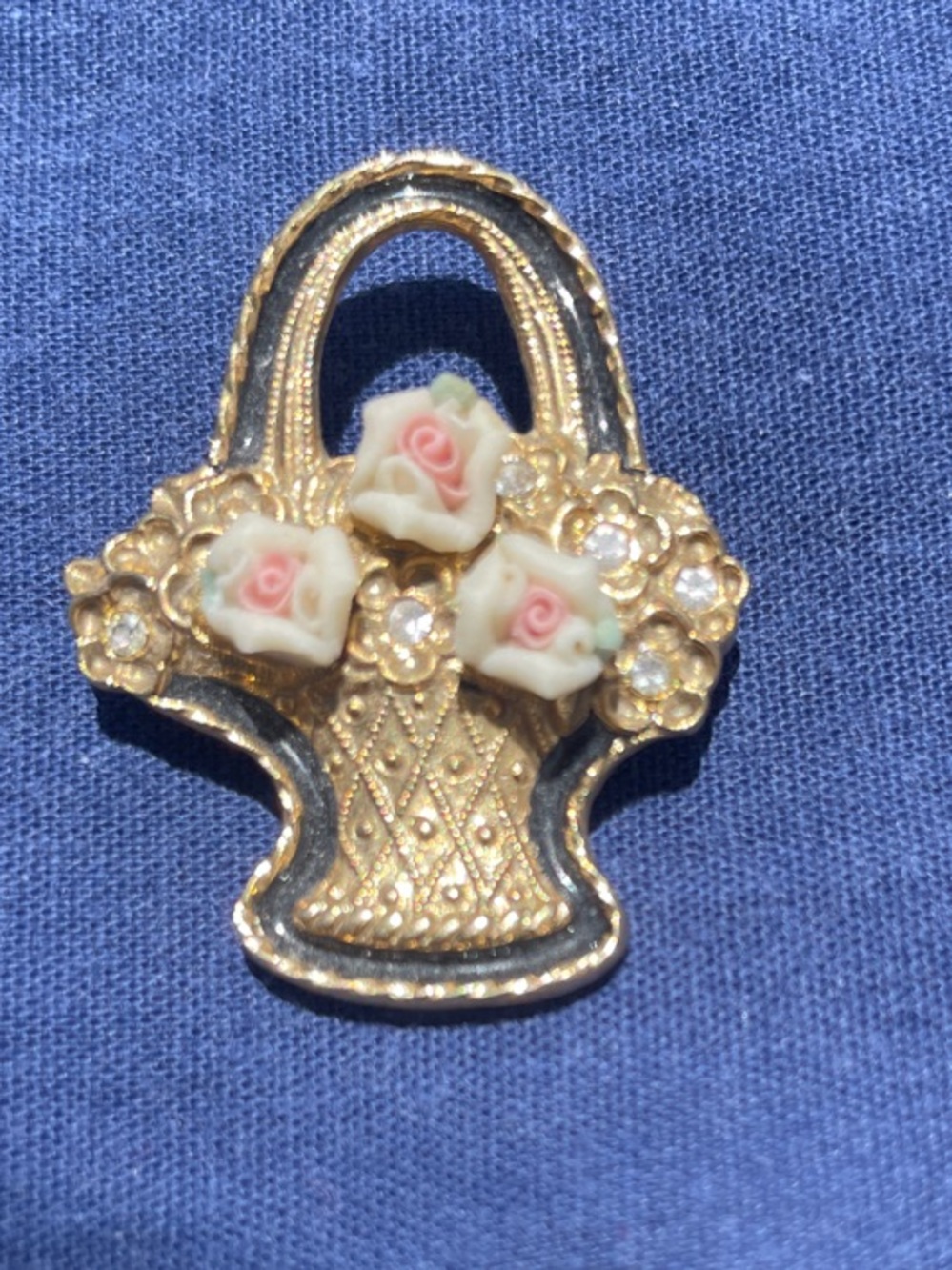 1928 Brand Floral Basket Brooch with Pink Rose Accents